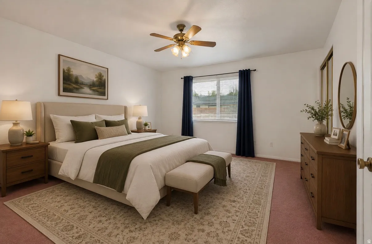 Spacious primary bedroom with white walls, a ceiling fan with integrated lighting, and a double window with dark drapery