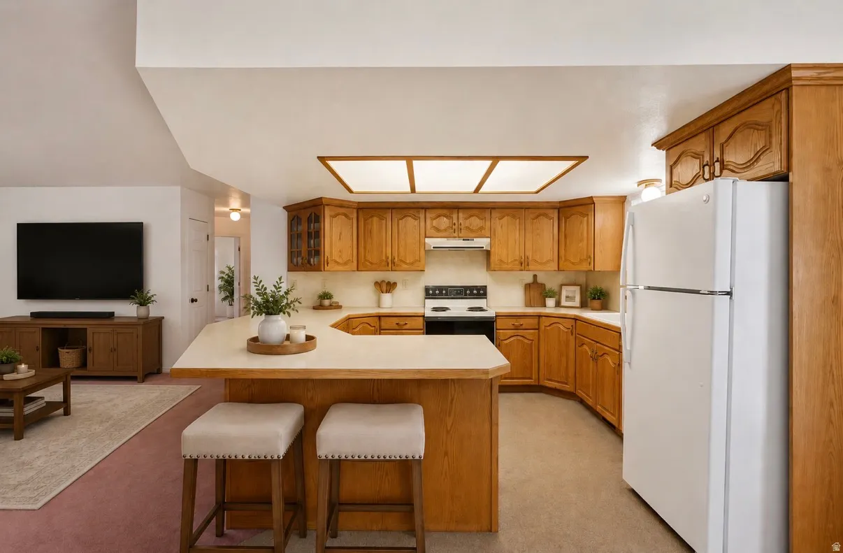 Open-concept kitchen featuring wood cabinetry and a U-shaped peninsula with countertop seating