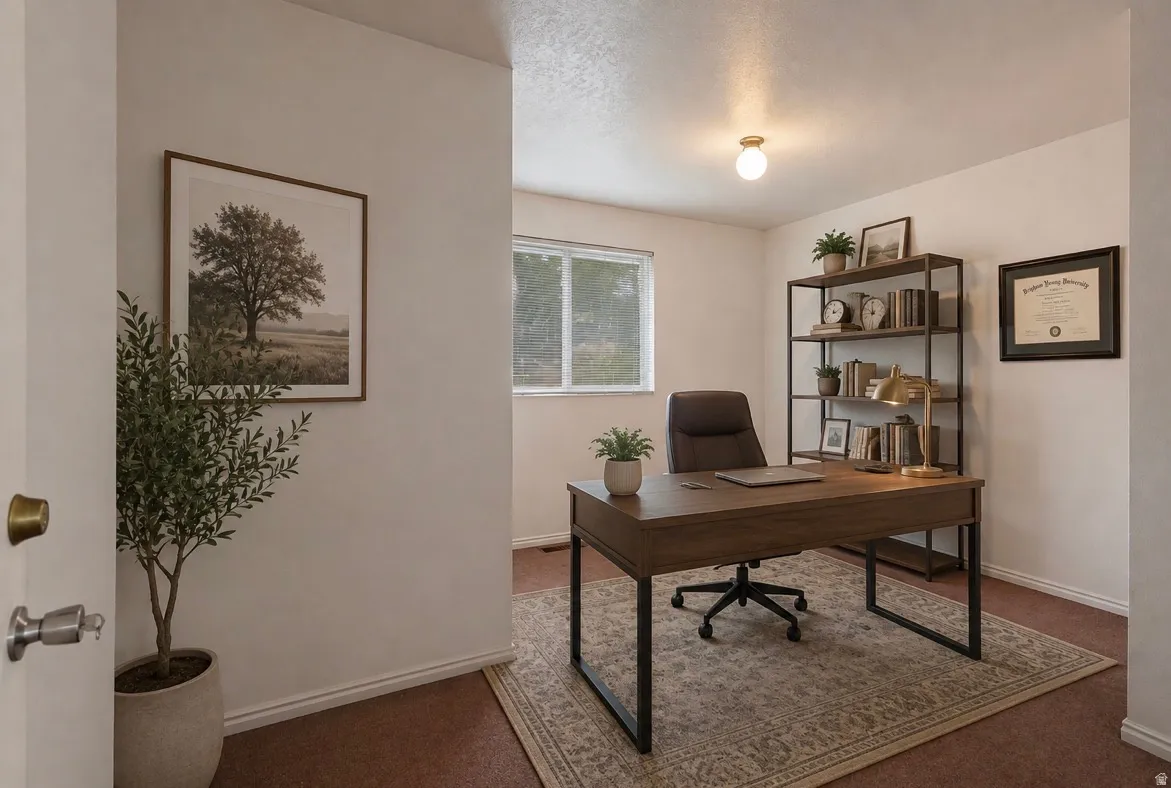 Bedroom being used as office. Room featuring a single window, a ceiling-mounted light fixture, closet space, and light-colored walls.