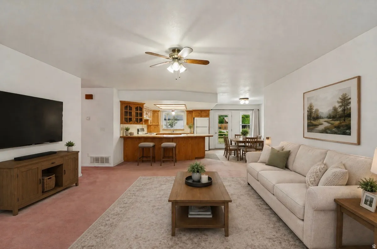 Open concept living area with ceiling fan and wood-finish cabinetry