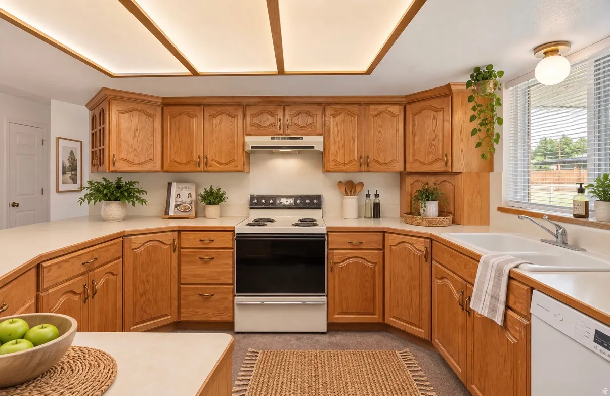 U-shaped kitchen featuring wood cabinetry, white countertops, an integrated sink, and a built-in dishwasher