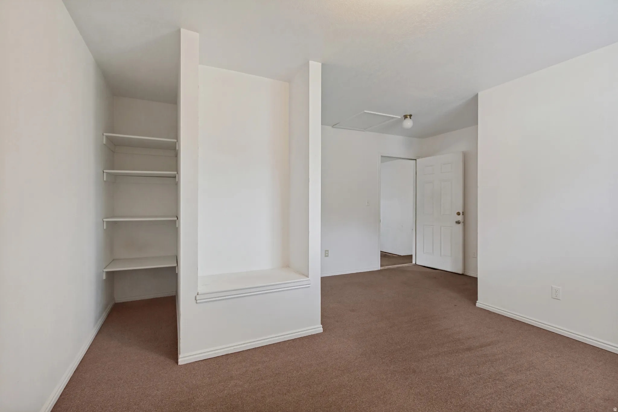 Built-in shelving/closet, built-in bench, neutral wall paint, paneled interior door, brown carpeting. Office/bedroom space shown vacant.
