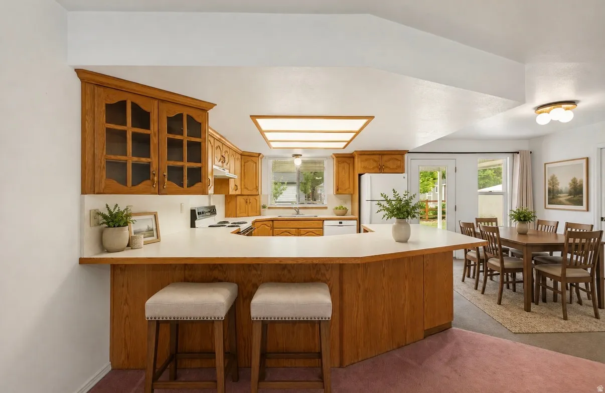 Kitchen with wood-finish cabinetry, white countertops, and a built-in breakfast bar