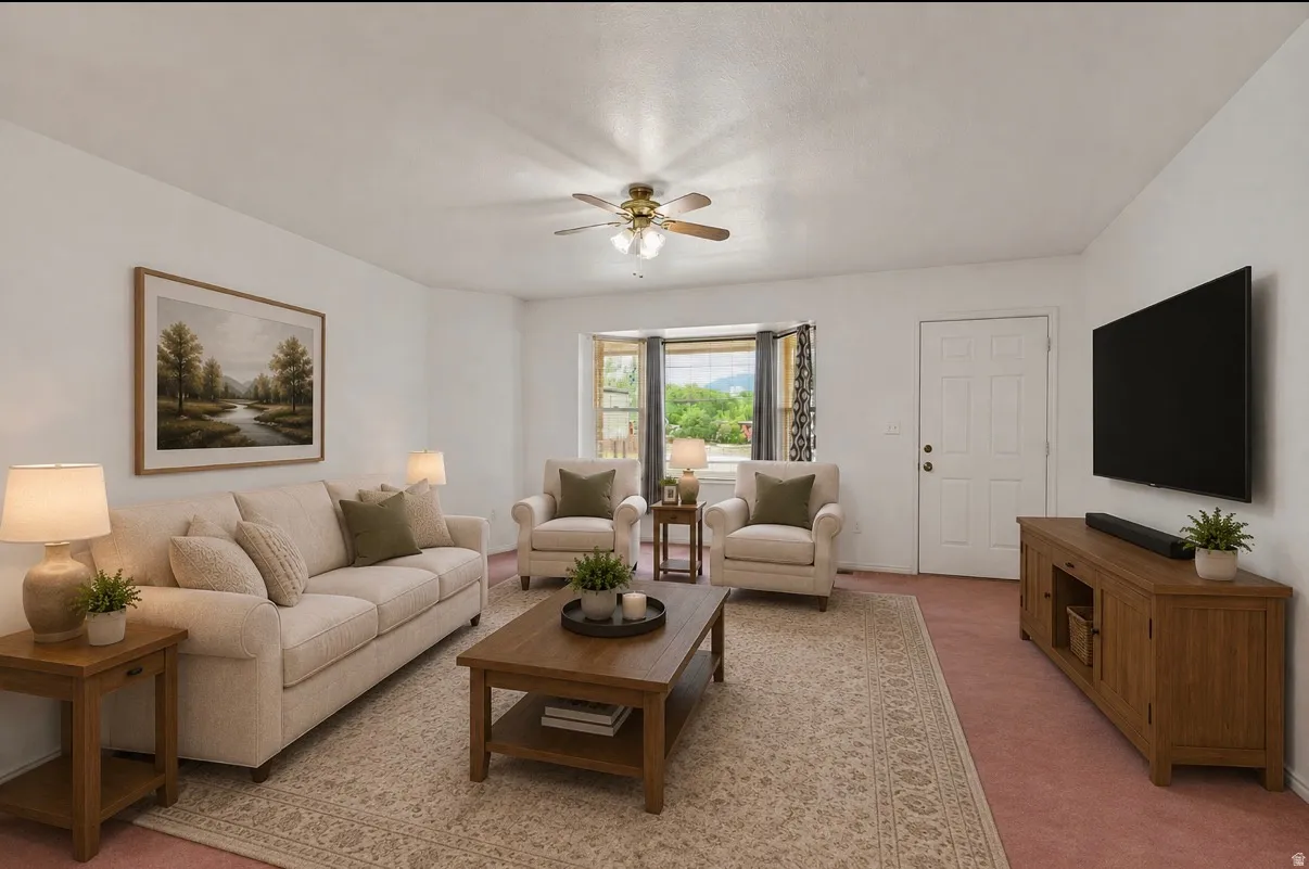 Living Room. Recessed bay window, ceiling fan with integrated lighting, paneled entry door, wall-mounted television, and wood media console