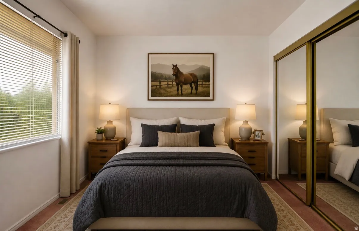 Built-in mirrored sliding closet doors, a window with horizontal blinds, and a neutral upholstered headboard