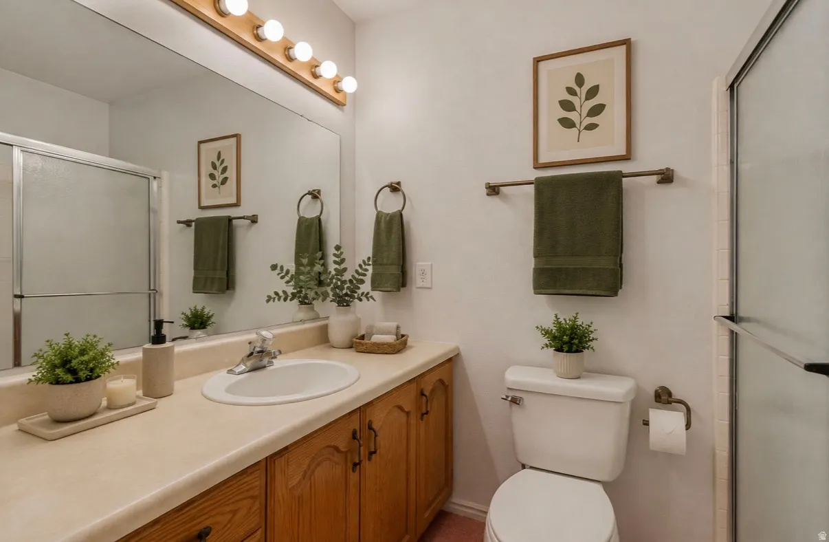 Primary bathroom.Light-toned vanity with wood-finish cabinetry, a large wall-mounted mirror, and a shower with a sliding glass door