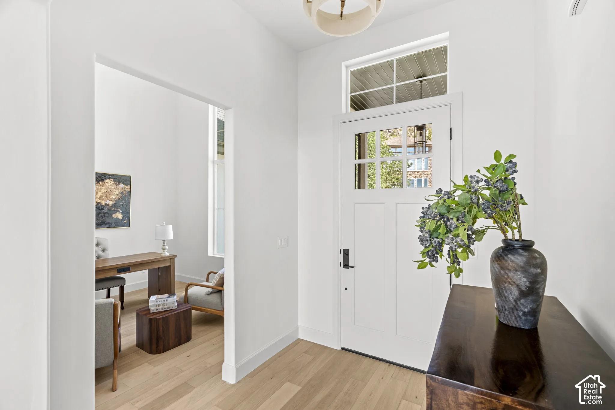 White paneled entry door with transom window, light wood-finish flooring, and recessed doorway