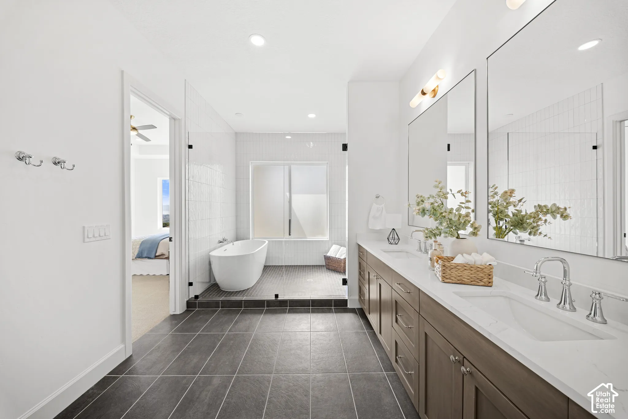Dual vanity with undermount sinks and chrome fixtures