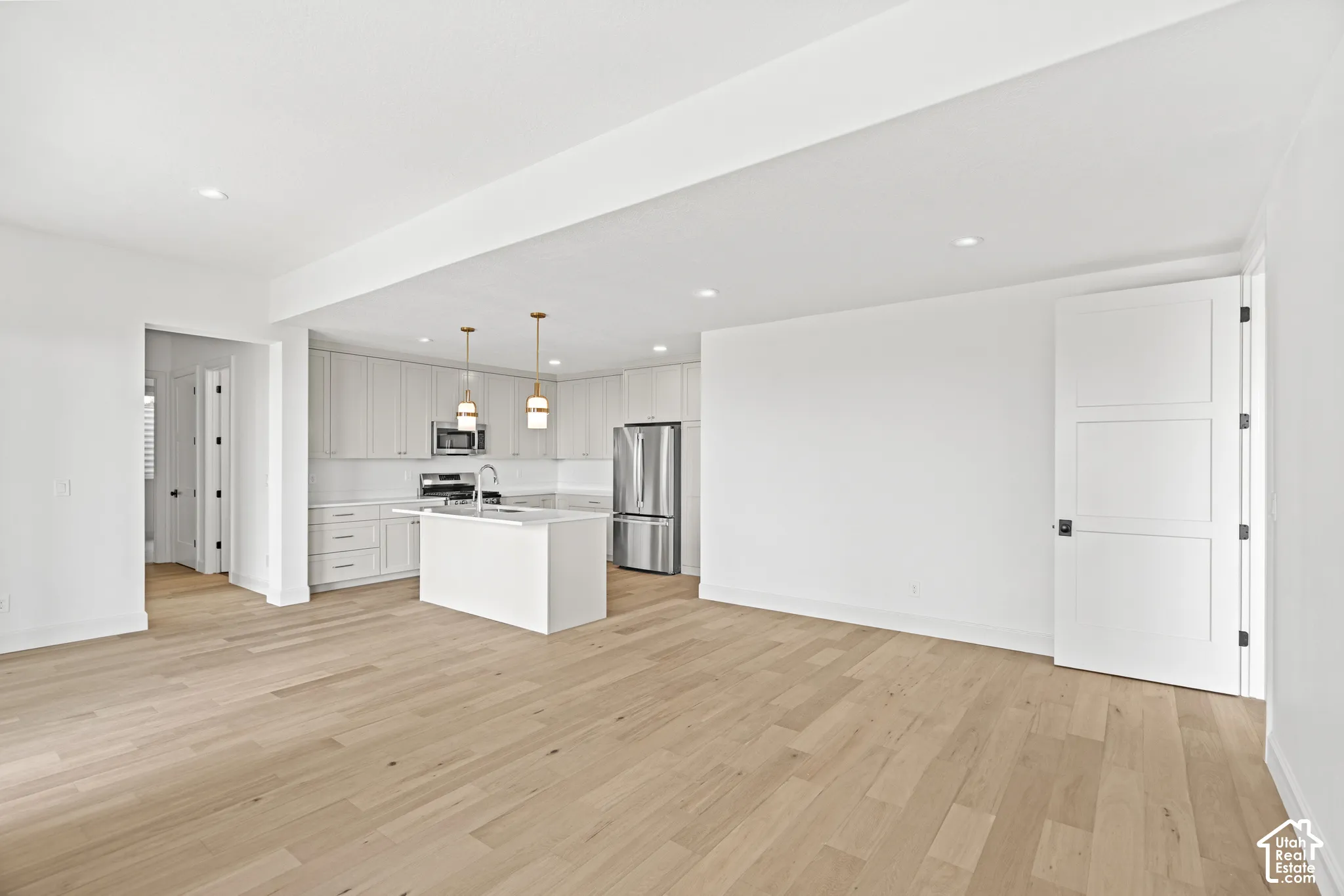 Open-concept living space featuring wood-finish flooring, recessed lighting, a kitchen island, and stainless steel appliances