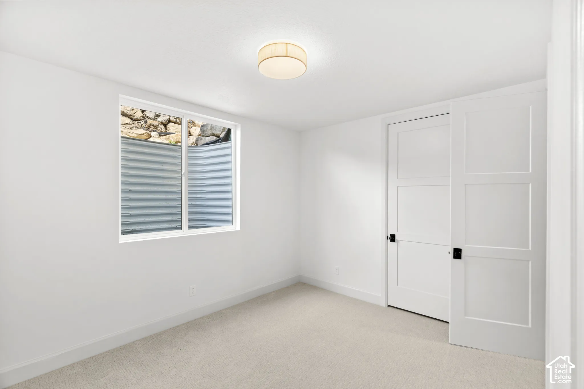 Window well, two-panel interior doors, low-pile carpeting, and a flush mount ceiling light fixture