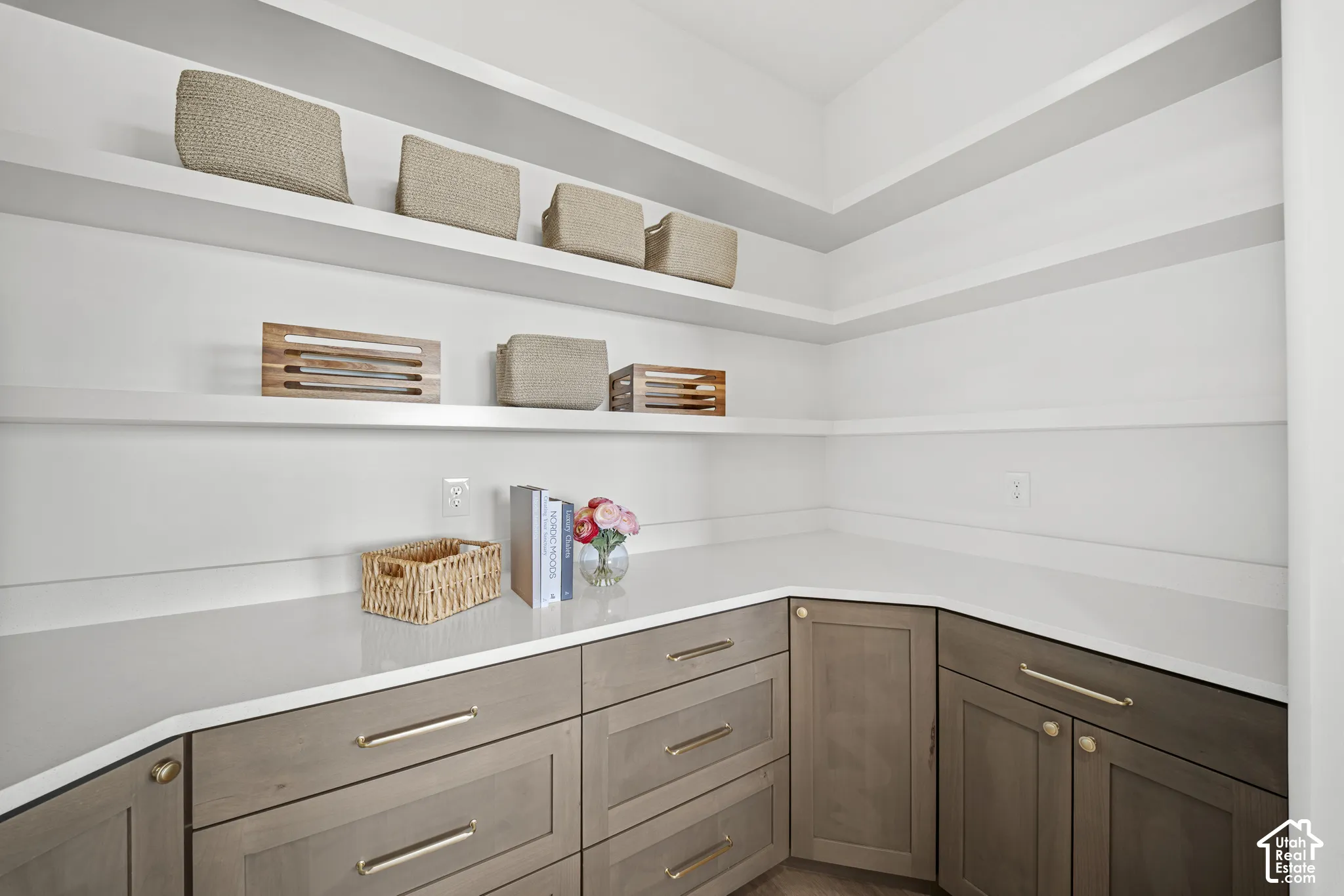 Extensive shelving, sleek countertops, and ample cabinetry with brass hardware