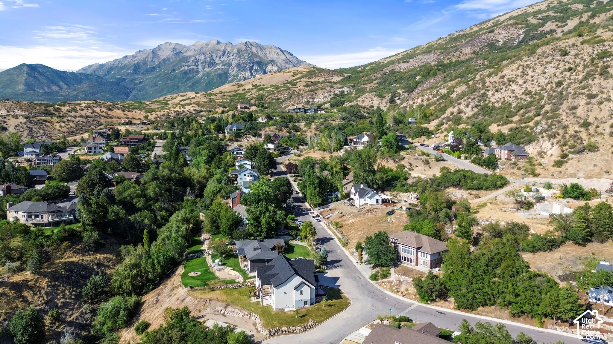 Residential area featuring a mountainous backdrop, mature trees, and paved roads