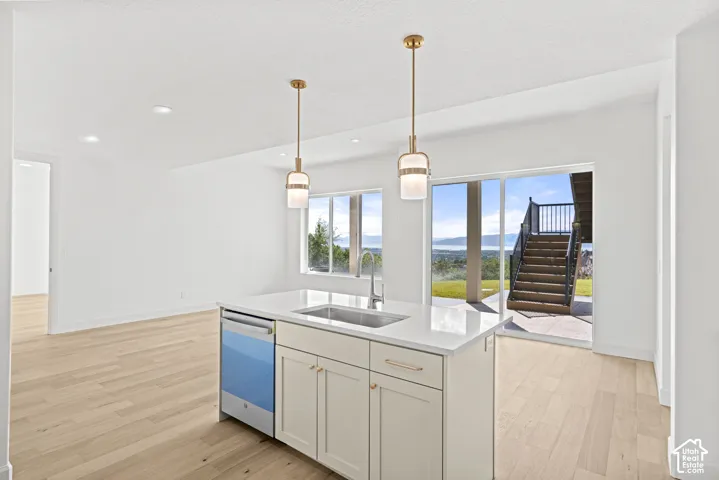Kitchen island with integrated sink, white cabinetry, and stainless steel dishwasher