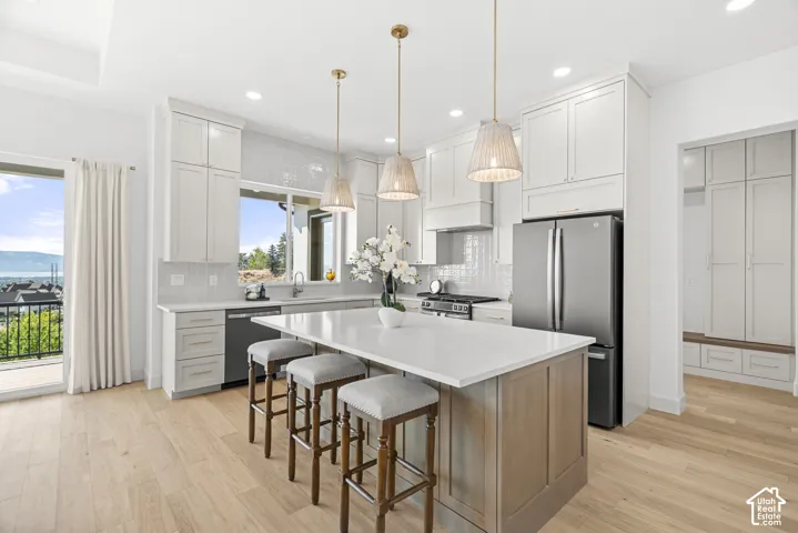 Contemporary kitchen featuring white cabinetry, stainless steel appliances, a center island with countertop seating, and light wood-finish flooring
