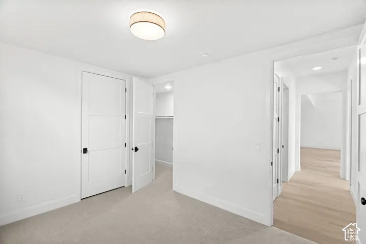 Carpeted room with a flush-mount ceiling light fixture, two panel doors with dark hardware, and an open closet