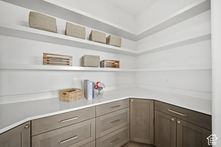 Extensive shelving, sleek countertops, and ample cabinetry with brass hardware