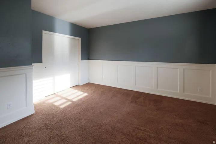 Brown carpet flooring with paneled wainscoting and a sliding closet door
