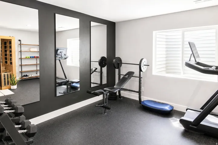 Specialty flooring with integrated full-length wall mirrors