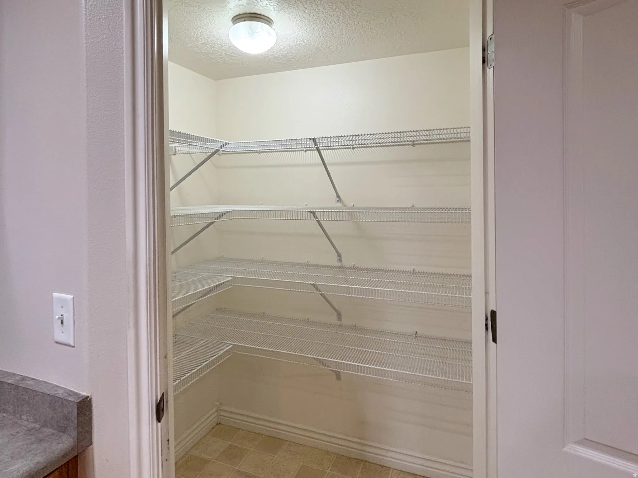 Pantry featuring wire shelving, a flush mount ceiling light, and tile flooring