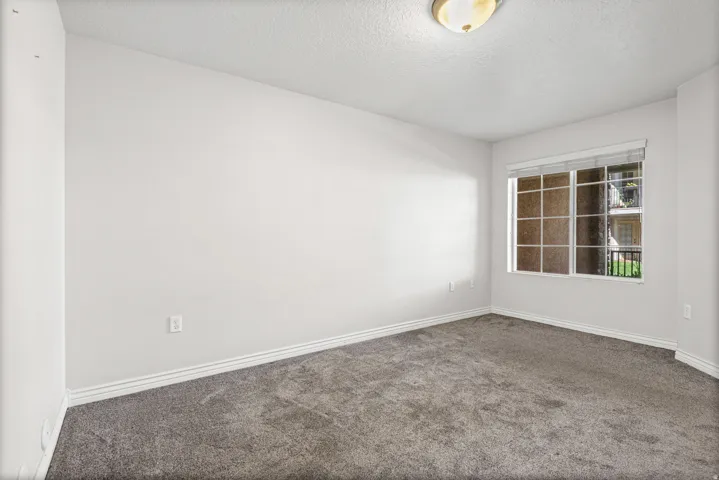 Light gray wall paint, gray carpeting, white trim, and a ceiling-mounted light fixture