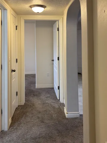 Hallway featuring neutral carpet, flush-mount ceiling light fixture, and arched entryway