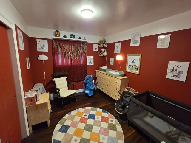 Room featuring dark wood-finish flooring, two-tone wall paint, and a ceiling-mounted light fixture