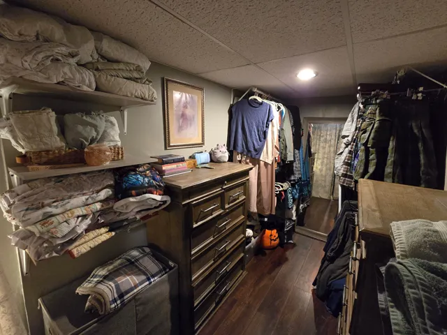 Wood-finish flooring with a ceiling-mounted light fixture, featuring built-in shelving, and a wood-tone dresser