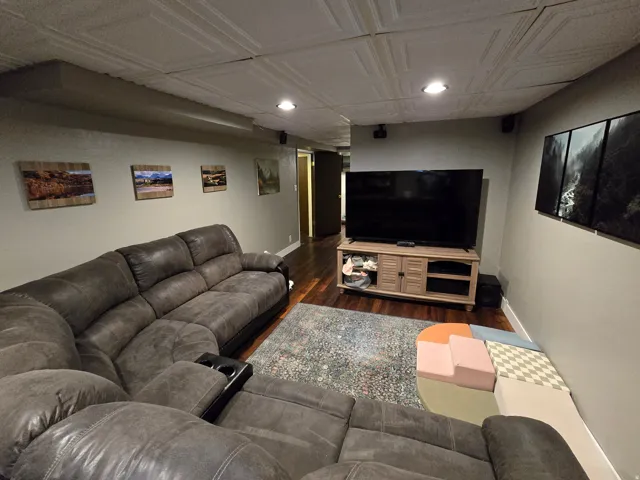 Textured ceiling panels, recessed lighting, wall-mounted speakers, wood-finish flooring, and a media console