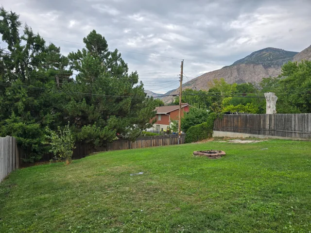 Grassed backyard with wood fencing, mature trees, and a built-in fire pit