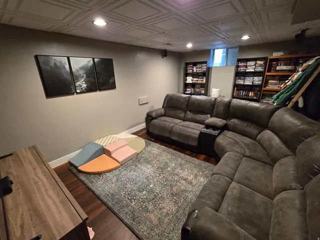 Recessed lighting, wood-finish flooring, and built-in shelving