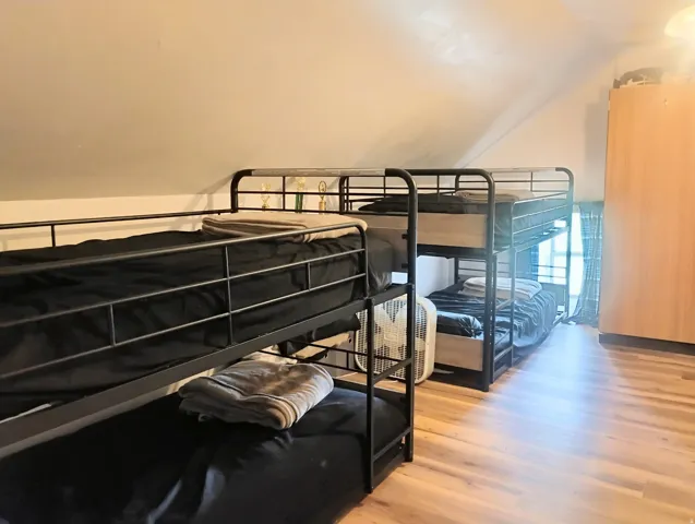 Room featuring light wood-finish flooring, a pitched ceiling, and a built-in wardrobe