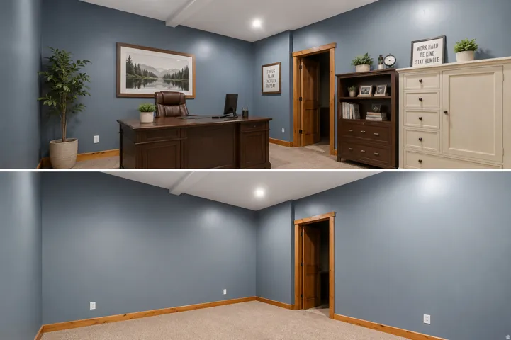 AI Room comparison. Depicting the furnished and unfurnished states of the property's office space