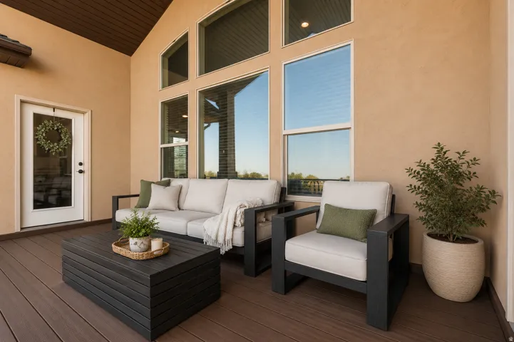 Exterior patio featuring wood-finish decking, a stucco wall, and tall windows