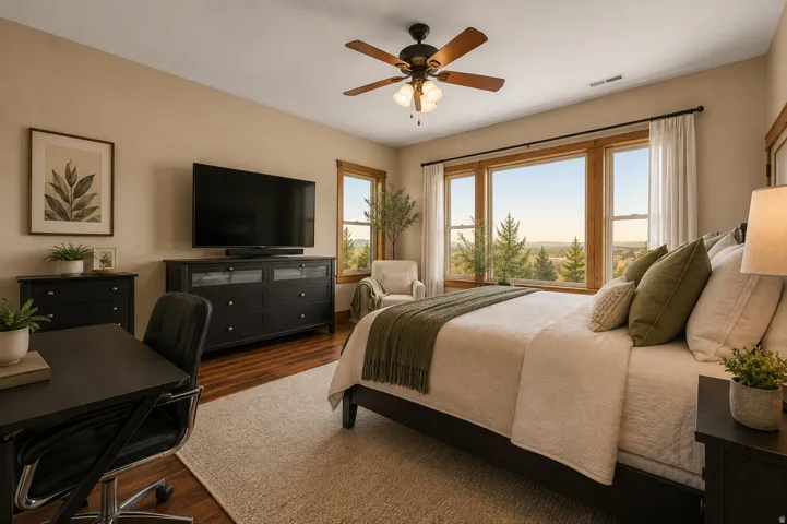 Hardwood-style flooring, large windows, ceiling fan, and recessed lighting (AI staged-structure and integrity not changed)