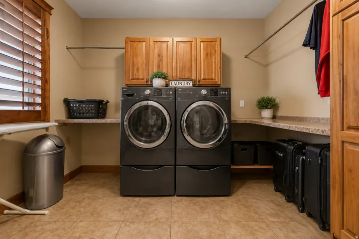 Laundry area featuring a side-by-side washer and dryer, wood-finish cabinetry, and built-in shelving