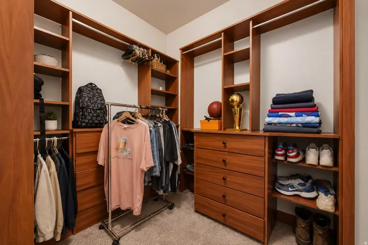 Custom closet system featuring wood-finish cabinetry, integrated shelving, hanging rods, and built-in drawers