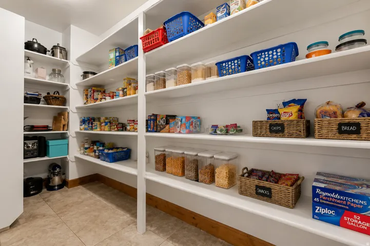 Walk-in pantry with extensive shelving, white built-in storage, and tile flooring