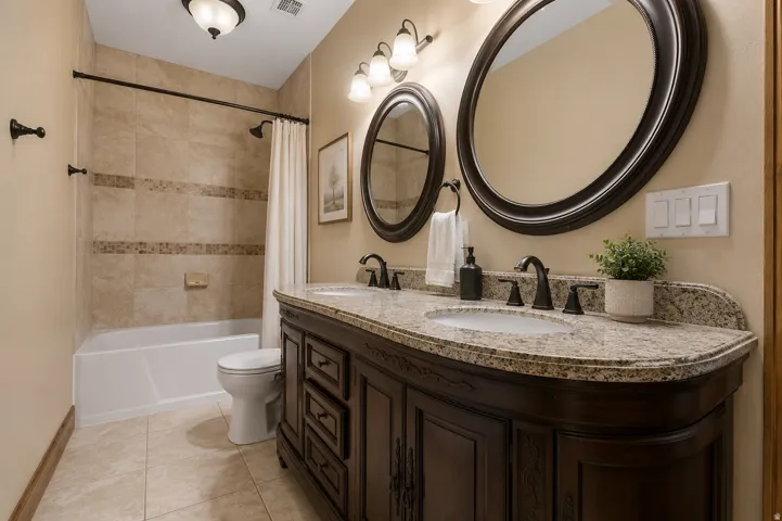 Dual oval mirrors, dark wood-finish double vanity, granite-style countertop, and a tiled shower-bath combination