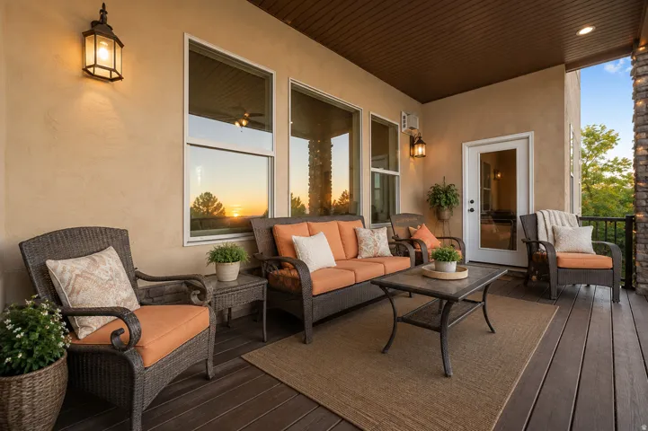 Covered outdoor patio featuring composite decking, stucco exterior, and a stone accent column (AI staged-structure and integrity not changed)