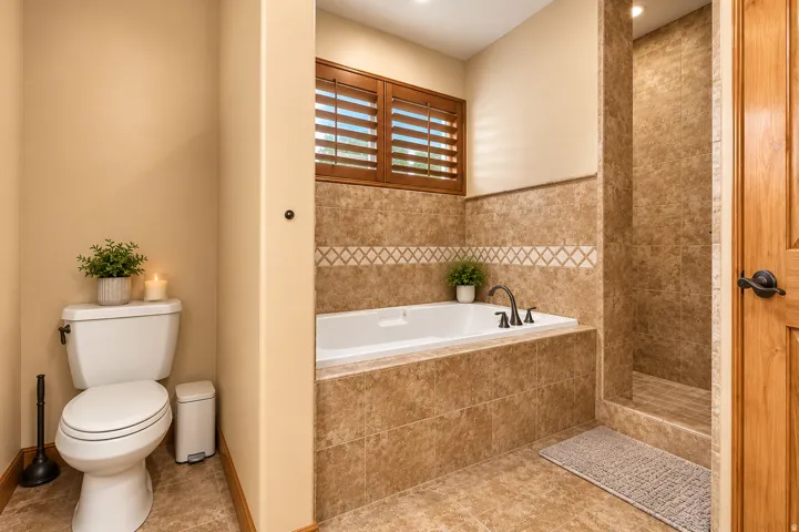 Built-in tub with dark bronze fixtures, adjacent tiled walk-in shower, wood-finish door, and privacy window with wood shutters
