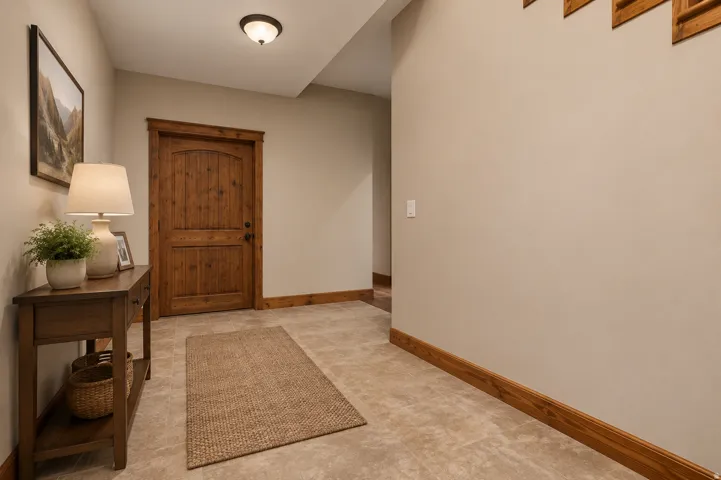 Arched wood-panel door with dark hardware, tile flooring, wood trim, and a recessed ceiling light fixture (AI staged-structure and integrity not changed)