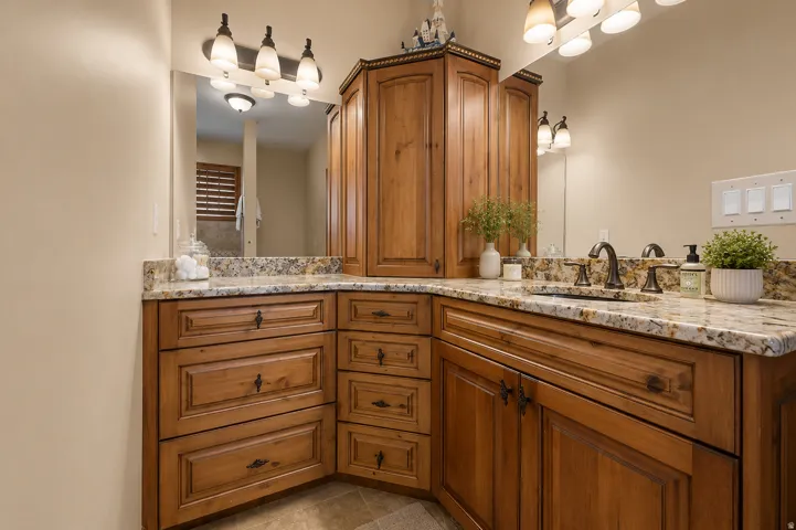 Corner vanity featuring a dual-basin sink, granite countertop, and wood-finish cabinetry
