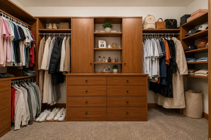 Custom closet system with wood-finish cabinetry, integrated drawers, and ample hanging storage