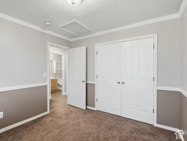 Crown molding, two-tone wall treatment, textured carpeting, double bifold closet doors, and a flush mount ceiling light