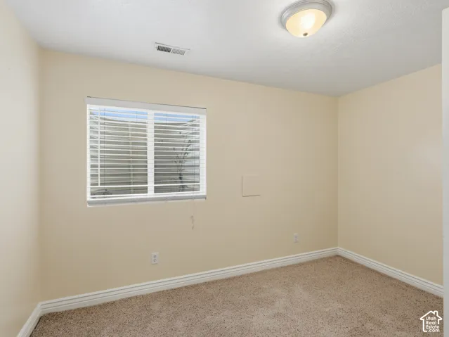 Window with blinds, ceiling-mounted light fixture, and carpeted flooring