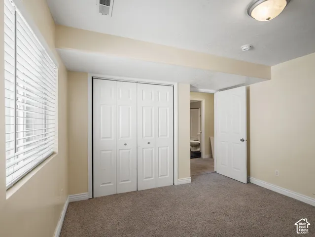 Recessed window with horizontal blinds, bi-fold closet doors, wall-mounted light fixture, and carpeted flooring