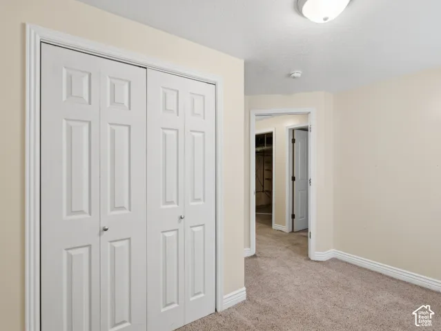 Neutral tone wall paint, bi-fold closet doors with paneling, plush carpet, and white trim throughout
