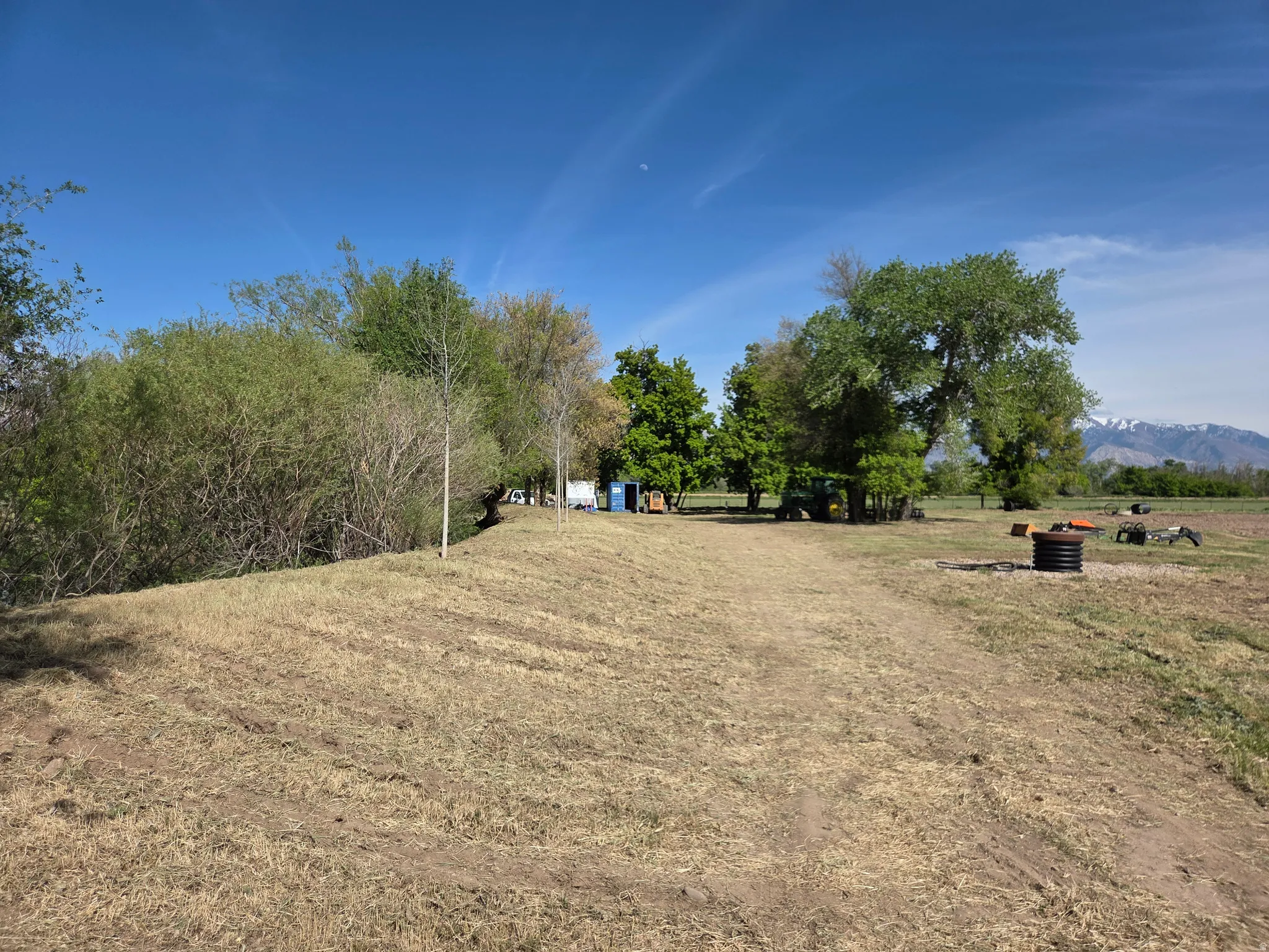 Expansive undeveloped lot with scattered mature trees and distant mountain ranges