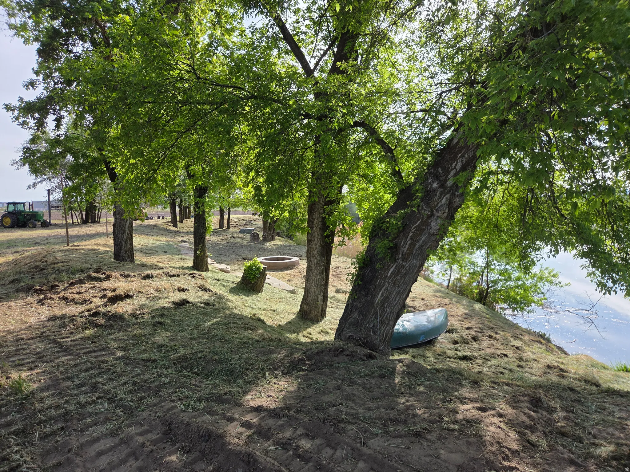Expansive outdoor space featuring mature trees and a waterfront setting