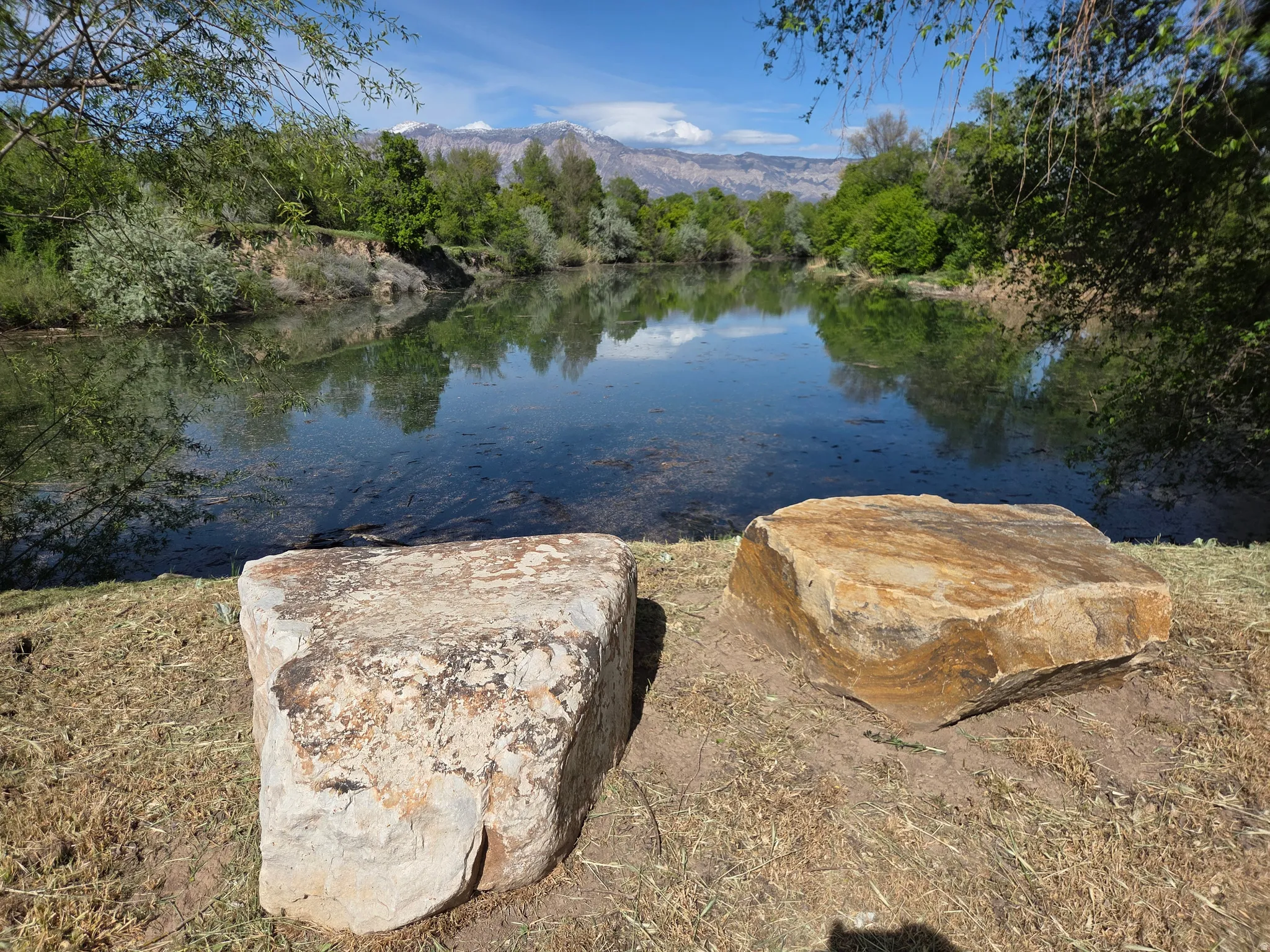 Waterfront property featuring natural rock landscaping elements, mature trees, and a mountain backdrop